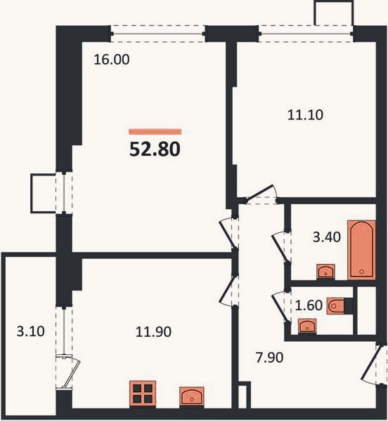 Планировка: 2-к, 52,8 м²
