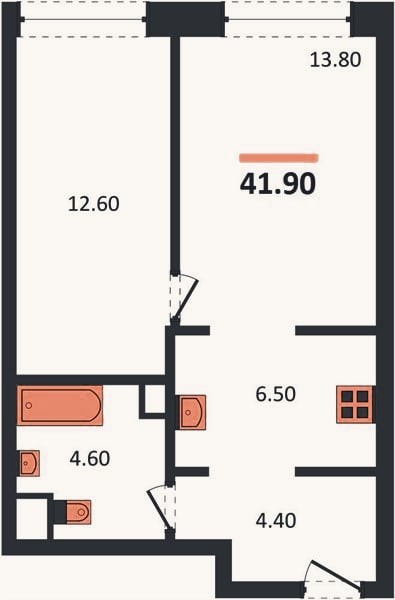 Планировка: 1-к, 41,9 м²