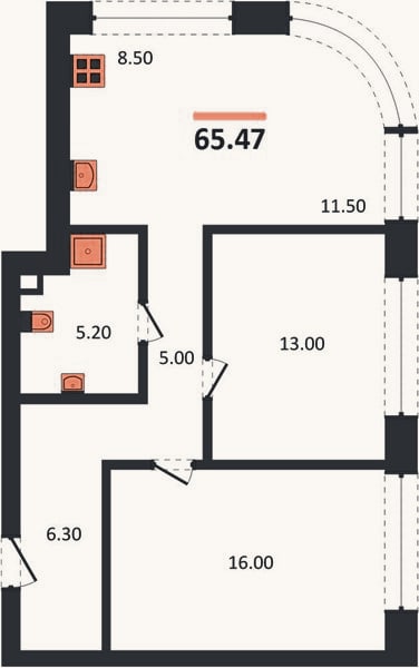 Планировка: 2-к, 65,5 м²