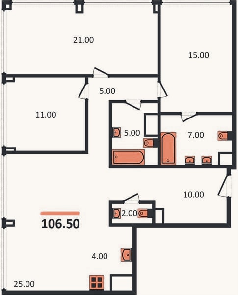 Планировка: 3-к, 106,5 м²