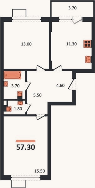 Планировка: 2-к, 57,3 м²