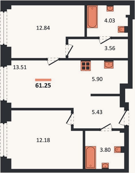Планировка: 2-к, 61,3 м²