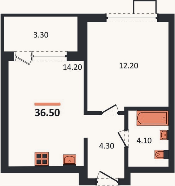 Планировка: 1-к, 36,5 м²