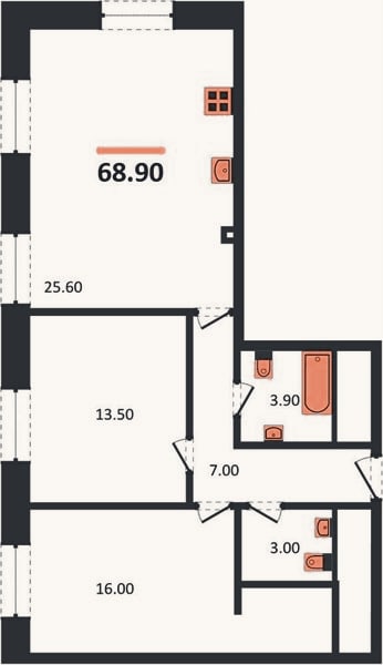 Планировка: 2-к, 68,9 м²
