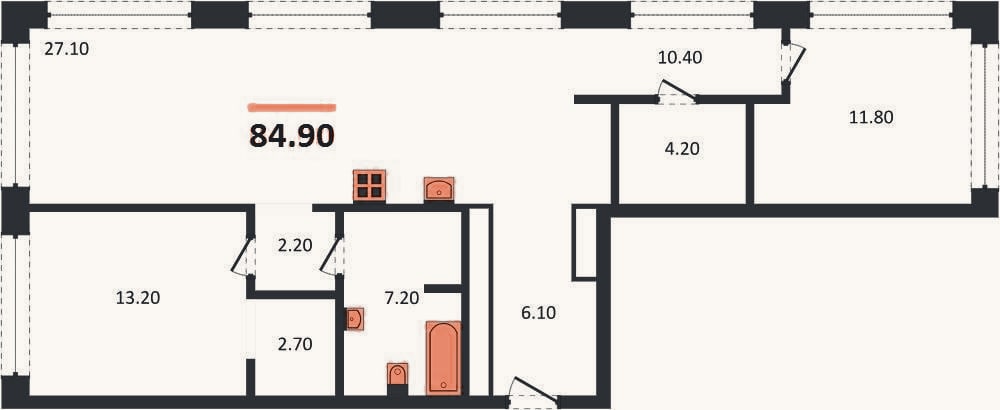 Планировка: 2-к, 84,9 м²