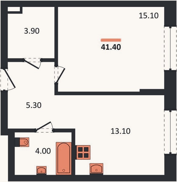 Планировка: 1-к, 41,4 м²