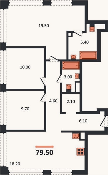 Планировка: 3-к, 79,5 м²
