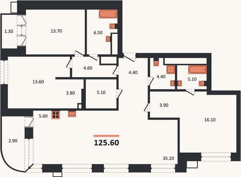 Планировка: 3-к, 125,6 м²