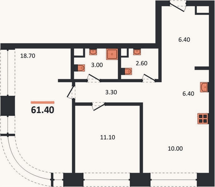 Планировка: 2-к, 61,4 м²