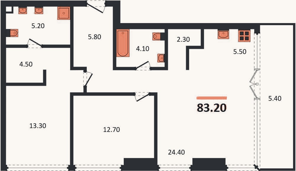 Планировка: 2-к, 82,8 м²