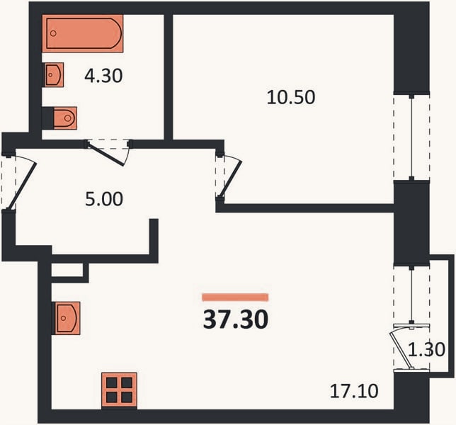 Планировка: 1-к, 37,3 м²