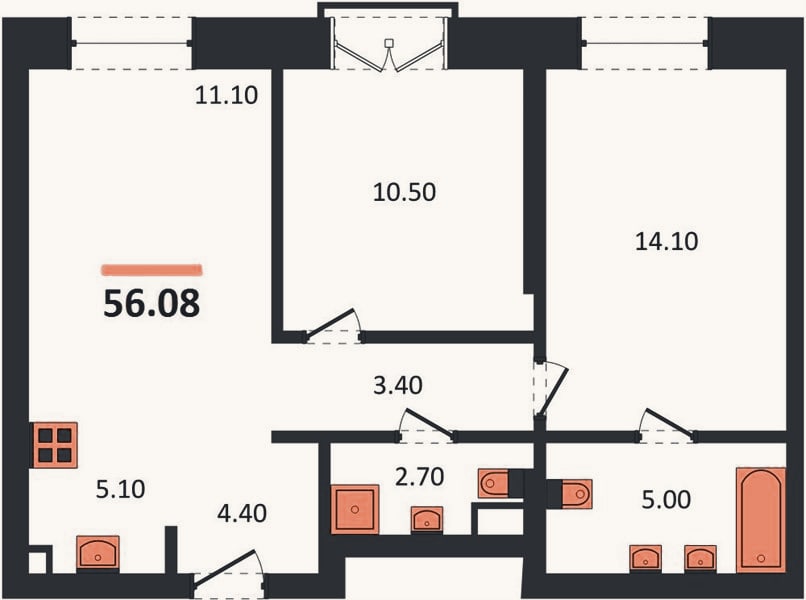 Планировка: 2-к, 55,9 м²