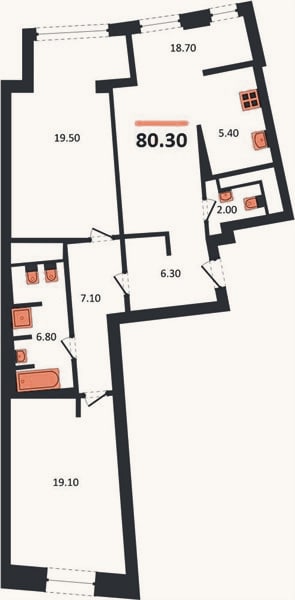 Планировка: 2-к, 80,3 м²