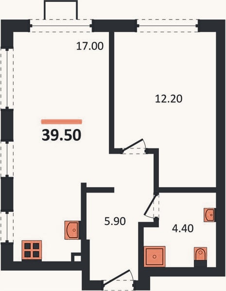 Планировка: 1-к, 39,5 м²