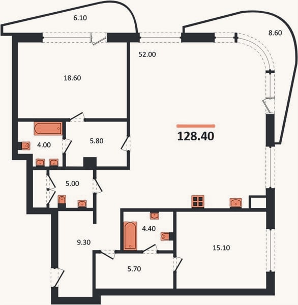 Планировка: 2-к, 128,4 м²