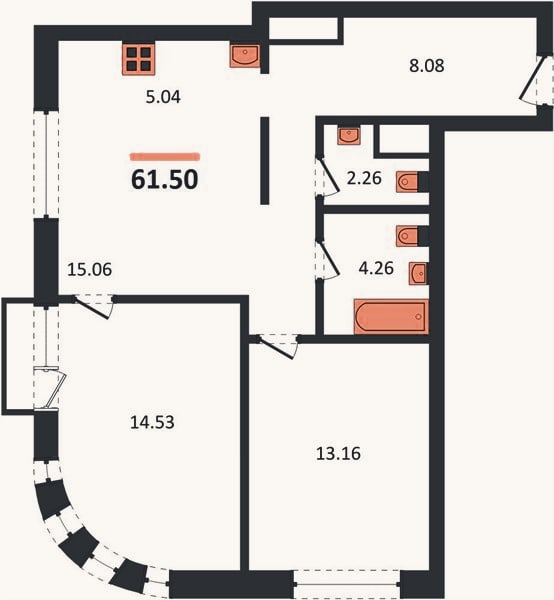 Планировка: 2-к, 61,5 м²