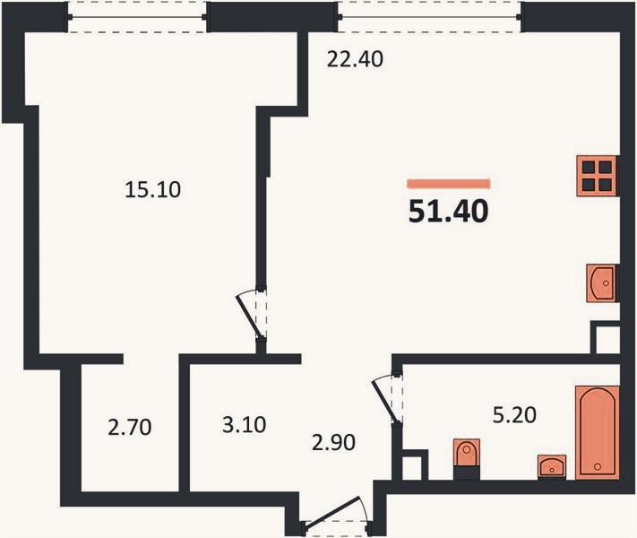 Планировка: 1-к, 51,4 м²