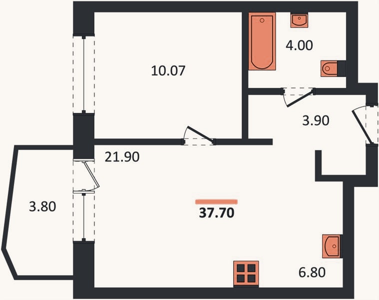 Планировка: 1-к, 37,7 м²