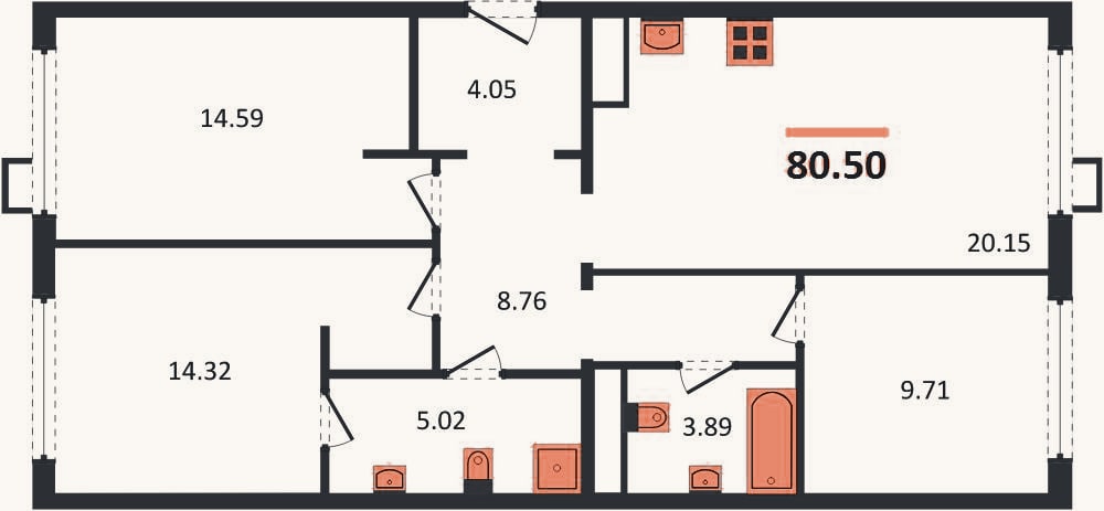 Планировка: 3-к, 80,5 м²