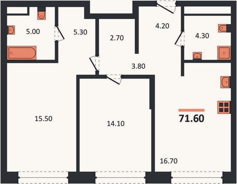 Планировка: 2-к, 71,6 м²