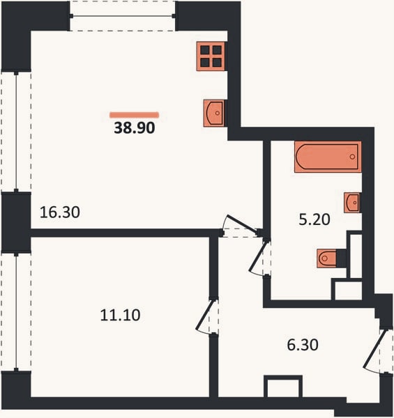 Планировка: 1-к, 38,9 м²