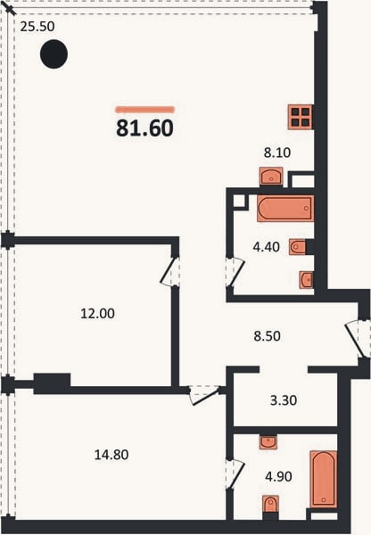 Планировка: 2-к, 81,6 м²