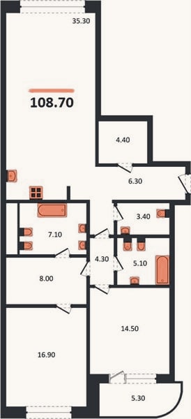 Планировка: 2-к, 108,7 м²