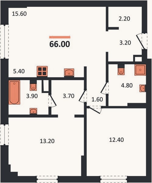 Планировка: 2-к, 66 м²