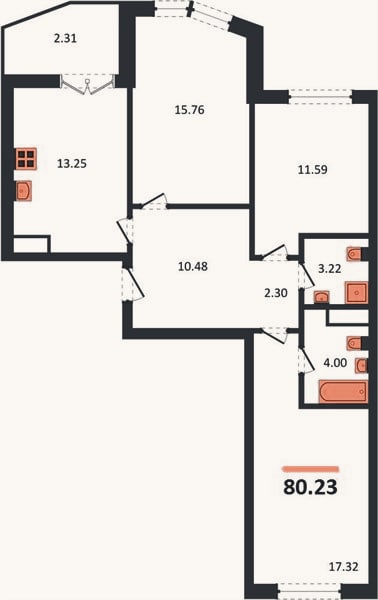 Планировка: 3-к, 80,2 м²