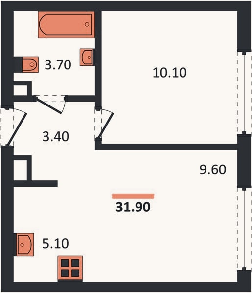 Планировка: 1-к, 31,9 м²