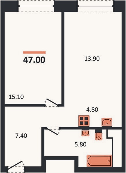 Планировка: 1-к, 47 м²