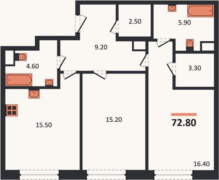 Планировка: 2-к, 72,8 м²