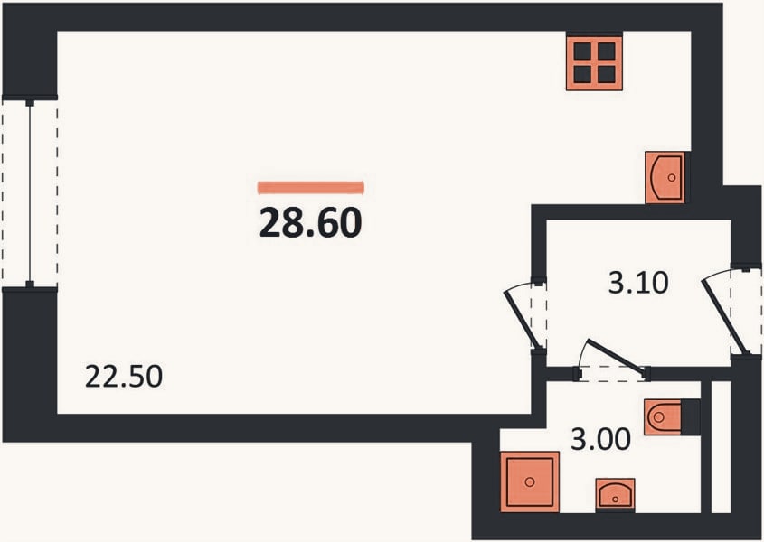 Планировка: Студия, 28,6 м²
