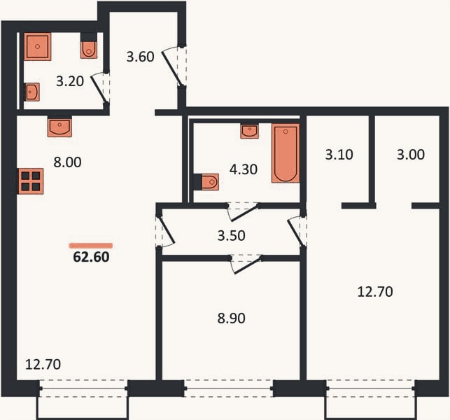 Планировка: 2-к, 62,6 м²