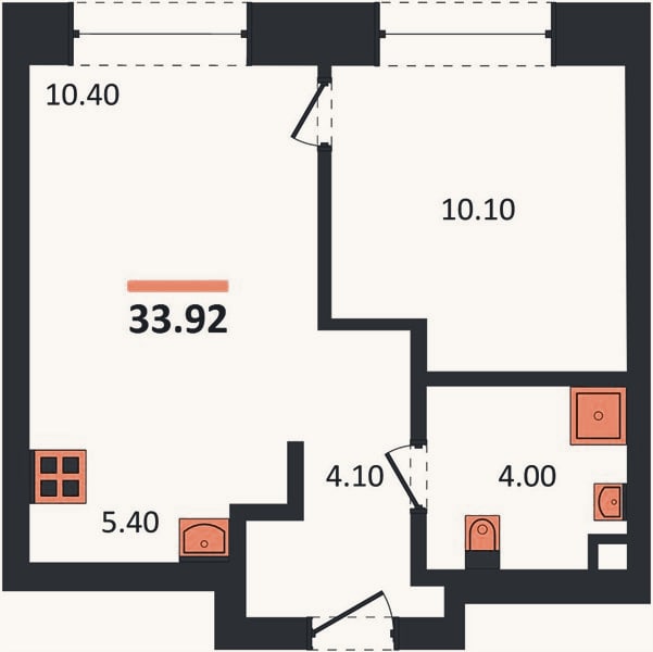 Планировка: 1-к, 33,9 м²