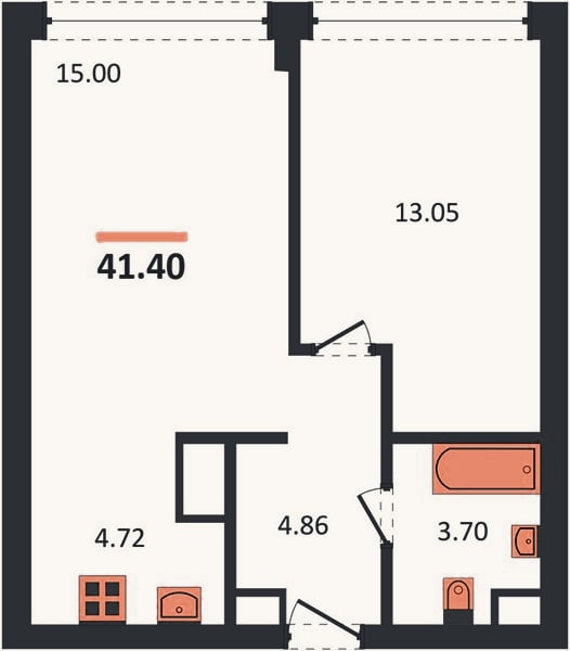 Планировка: 1-к, 41,4 м²