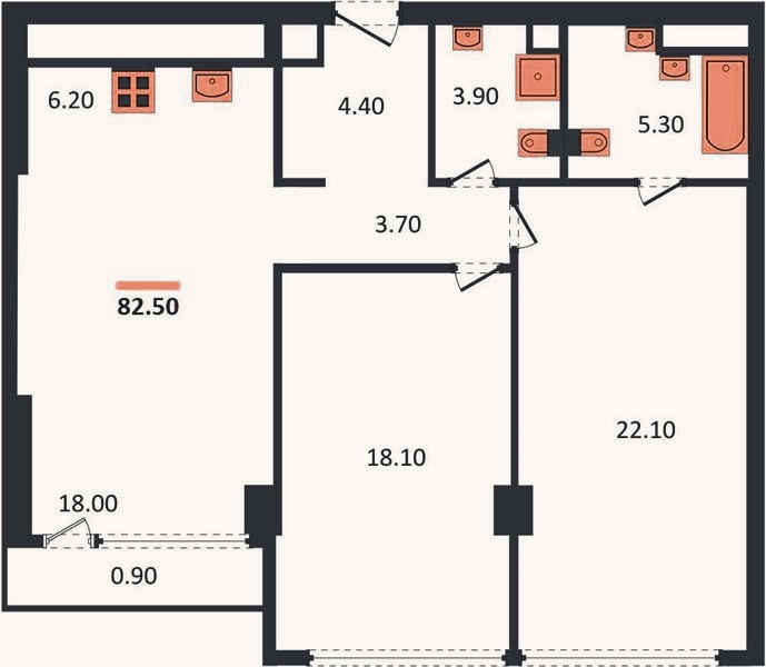Планировка: 2-к, 82,5 м²