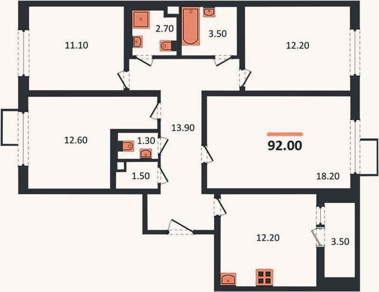 Планировка: 4+ к, 92 м²