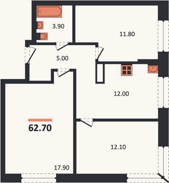 Планировка: 3-к, 62,7 м²