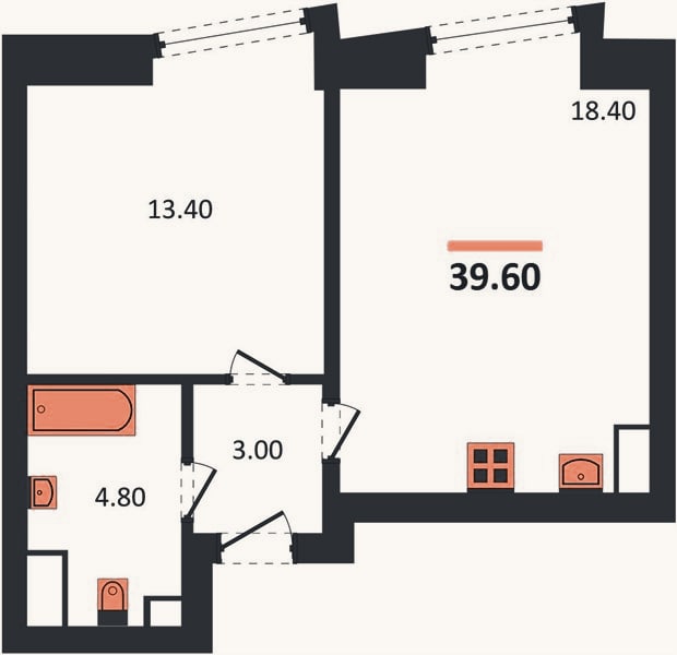 Планировка: 1-к, 39,6 м²