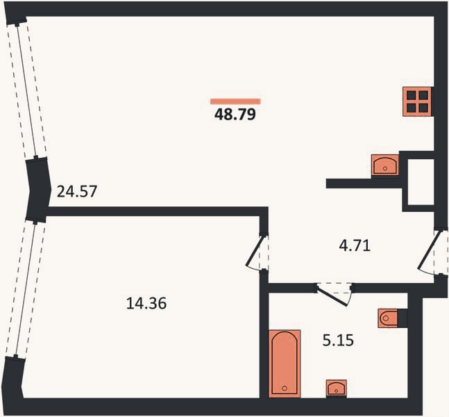 Планировка: 1-к, 48,8 м²
