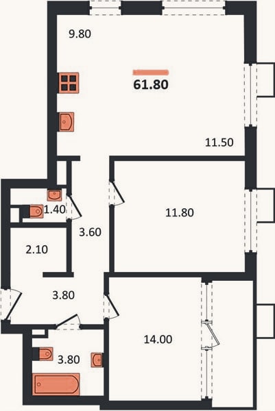 Планировка: 2-к, 61,8 м²