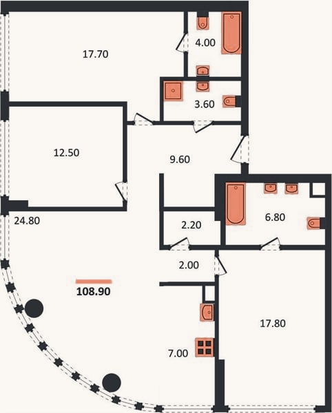 Планировка: 3-к, 108,9 м²