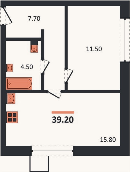 Планировка: 1-к, 39,2 м²