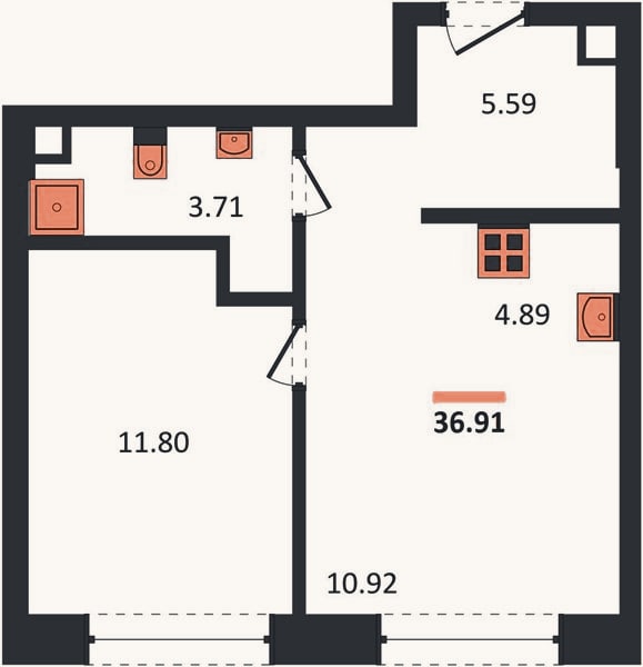 Планировка: 1-к, 36,9 м²