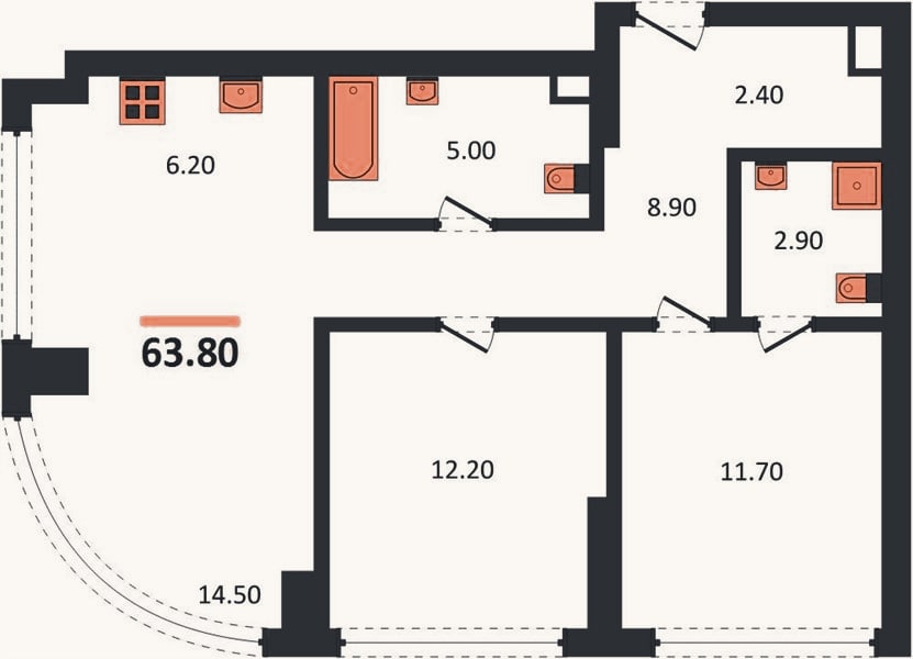 Планировка: 2-к, 63,8 м²