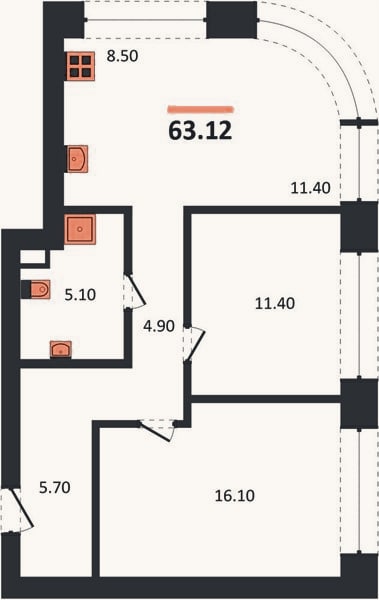 Планировка: 2-к, 63,1 м²