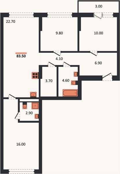 Планировка: 3-к, 83,5 м²