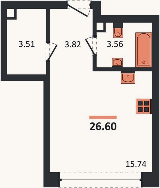 Планировка: Студия, 26,6 м²