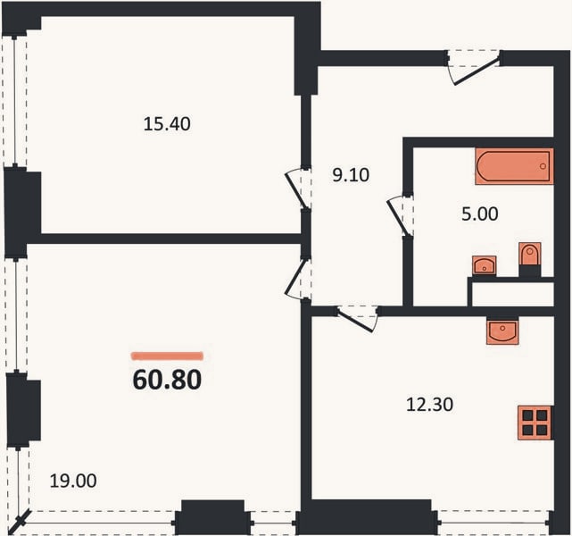 Планировка: 2-к, 60,8 м²
